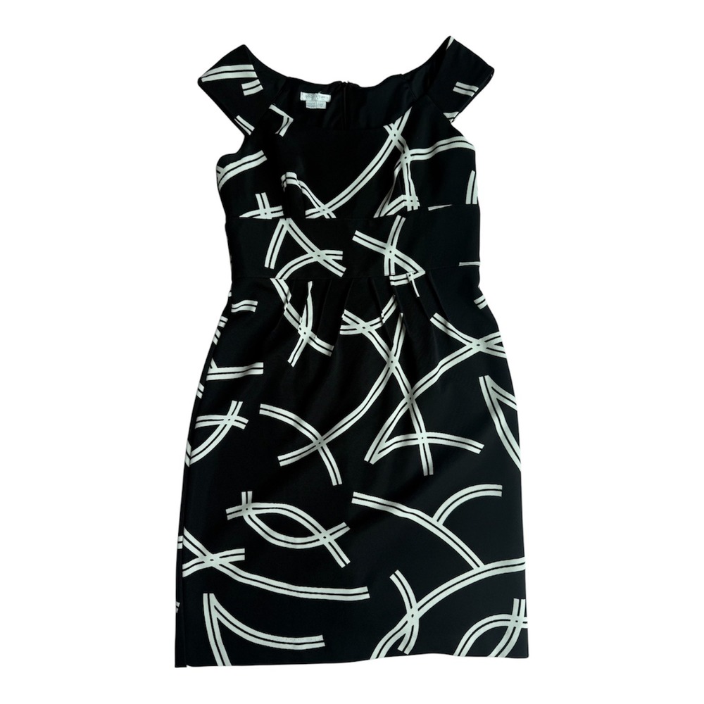 London Times Black White Geometric Abstract Sheath Dress Portrait Neck Size 12